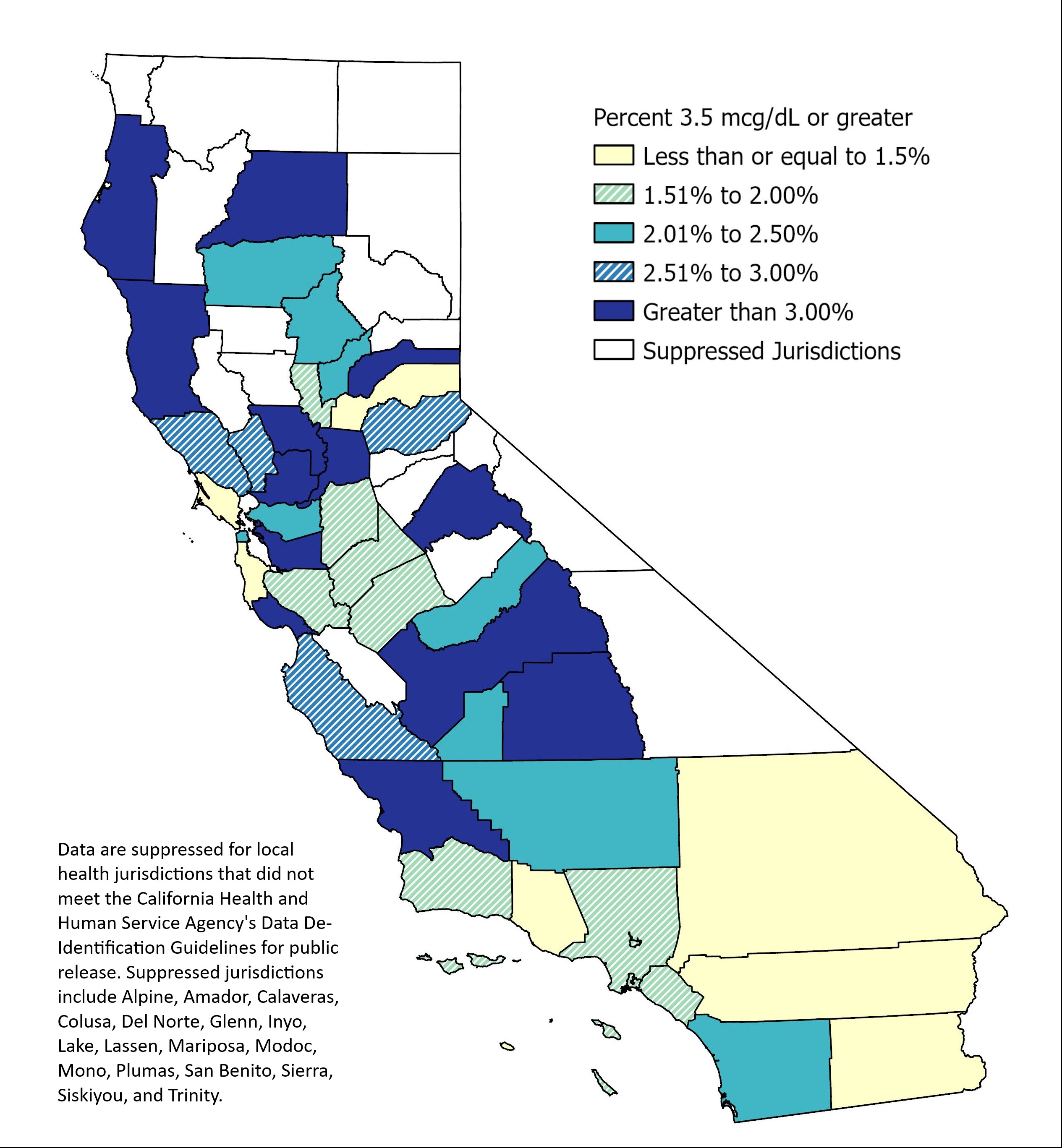 Map of children exposed to lead in California. See data in Table 1.