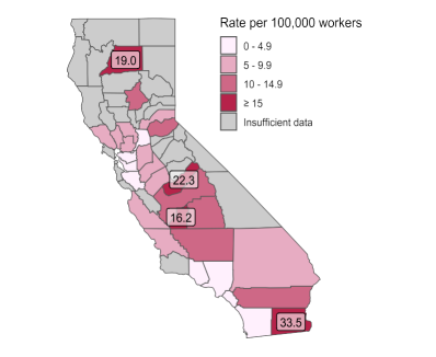 Map showing the rate of occupational heat related illness emergency department visits in California. 