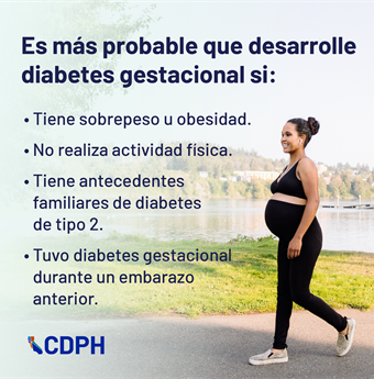 Es más probable que desarrolle diabetes gestacional si tiene sobrepeso u obesidad, no realiza actividad física, tiene antecedentes familiares de diabetes de tipo 2, o tuvo diabetes gestacional durante un embarazo anterior.