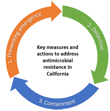 Key measures and actions to address AR in CA; cycle repeats 1. Preventing emergence 2. Detection 3. Containment