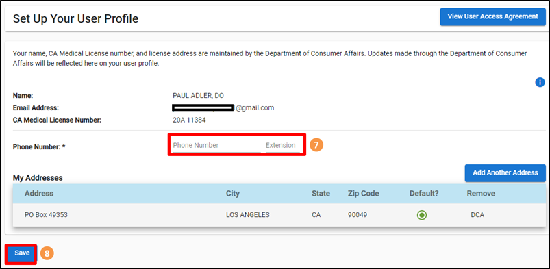 Set Up Your User Profile screen highlighting phone number and extension fields.