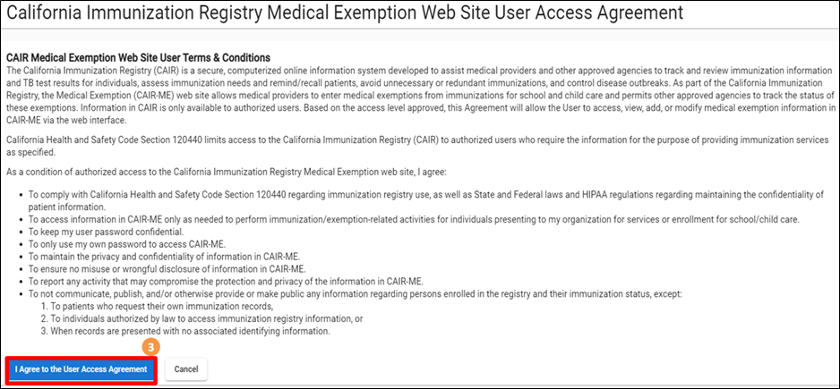 CAIRME User Access Agreement screen highlighting Agreement button