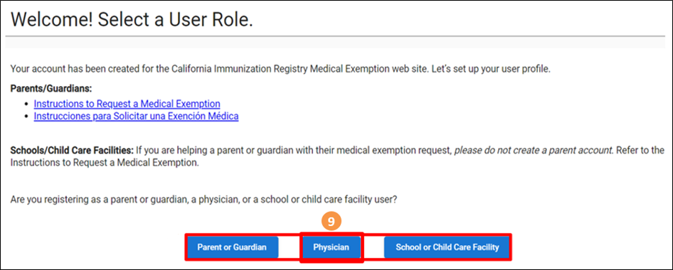 Welcome screen highlighting Physician button.