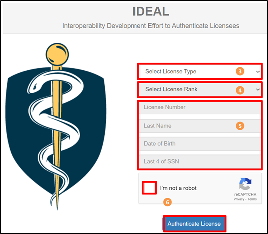 IDEAL screen highlighting required fields and authenticate button