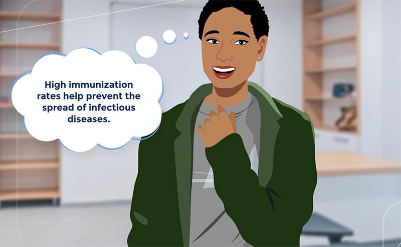 Cartoon person saying, "High immunization rates help to prevent the spread of infectious diseases."