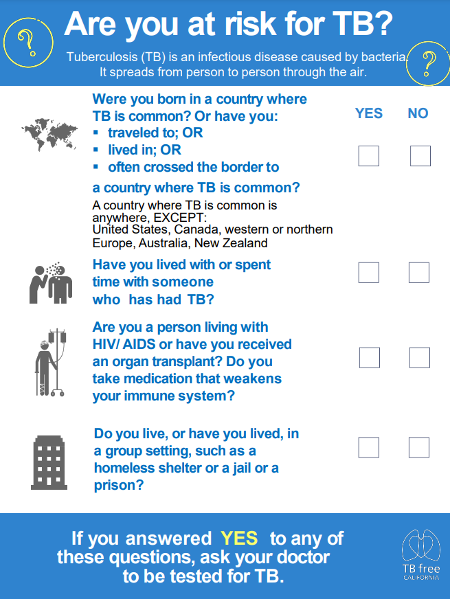 Are you at risk for TB? checklist handout available in English.