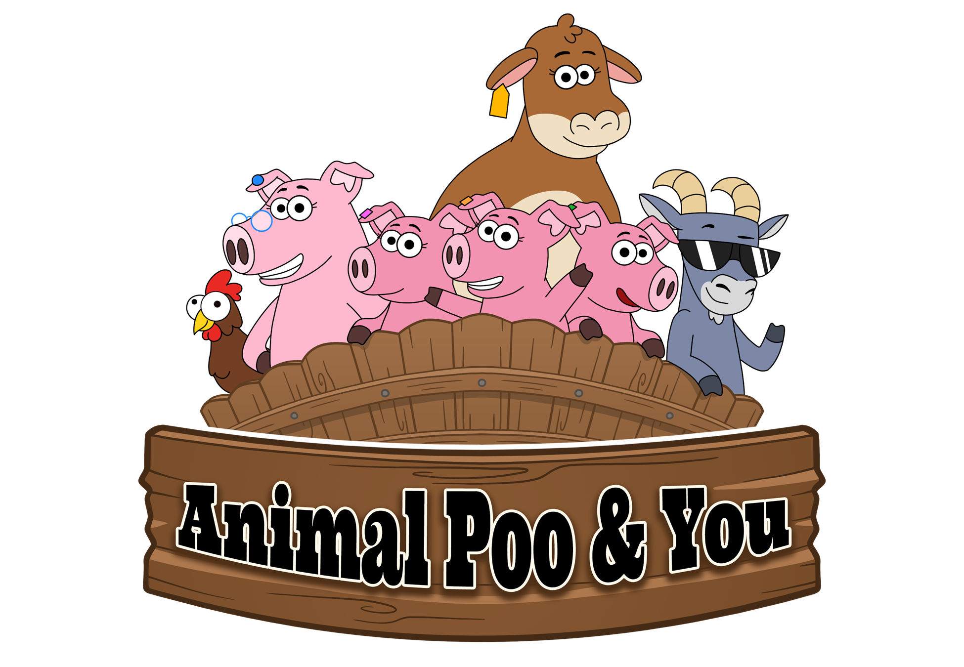 Animal Poo & You logo featuring a cow, chicken, pigs, and goat