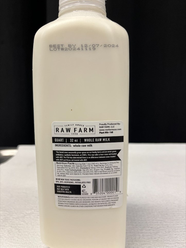 Photo of back of Raw Farm raw milk carton