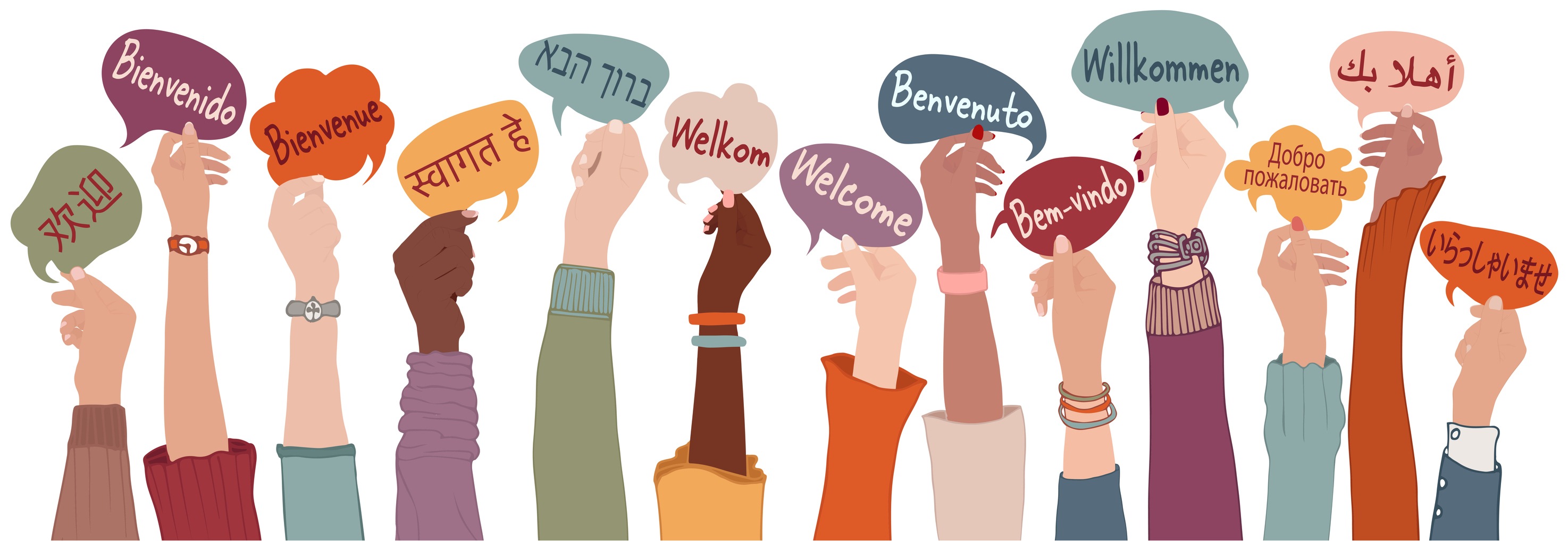 Illustration of hands holding "welcome" signs in different languages