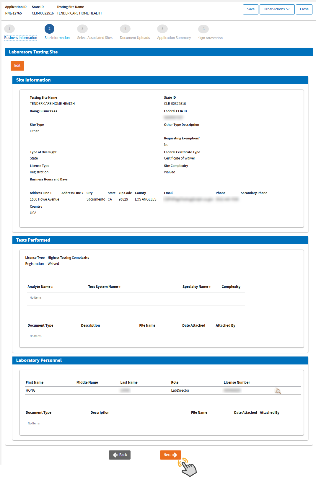 Showing the testing site information such as address, tests, lab director. Click edit to update or click Next . Showing the testing site information such as address, tests, lab director. Click edit to update or click Next .